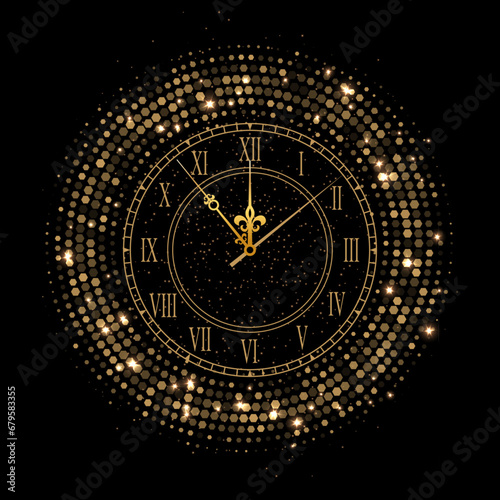 Shiny vintage gold clock face with glitters . Golden elegant roman numerals clock isolated on black background. Realistic classical watch with dial and roman numbers. New year, christmas design photo