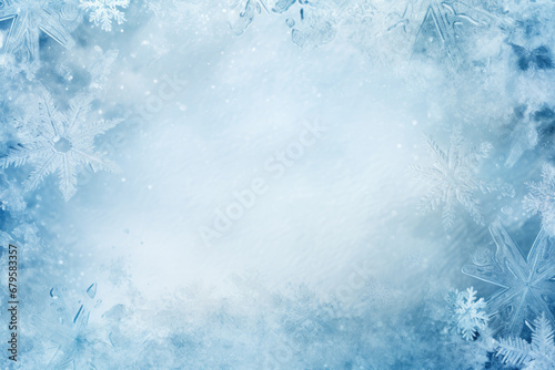 Winter snowy blurred defocused blue background with copy space. Flakes of snow fall. Festive Christmas and New year background