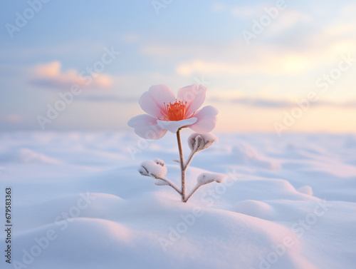 Pink rose against sky in snow. Winter sunset. Minimal concept.