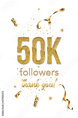 50000 followers celebration vertical vector banner. Social media achievement poster. 50k followers thank you lettering. Golden sparkling confetti ribbons. Shiny gratitude text on white backdrop