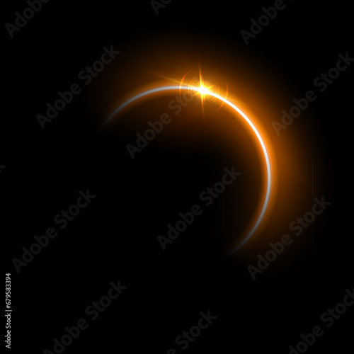 Yellow solar eclipse flare vector Illustration. Gold glowing sunlight circle with shining star. Energy semicircle bright curve with glare on edge, shiny design element on black background