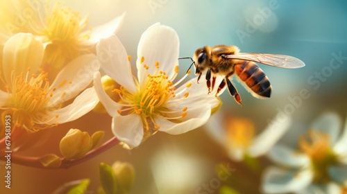 Generative AI image of A bee in nature pollinates a flower, working outdoors  © Eitan Baron