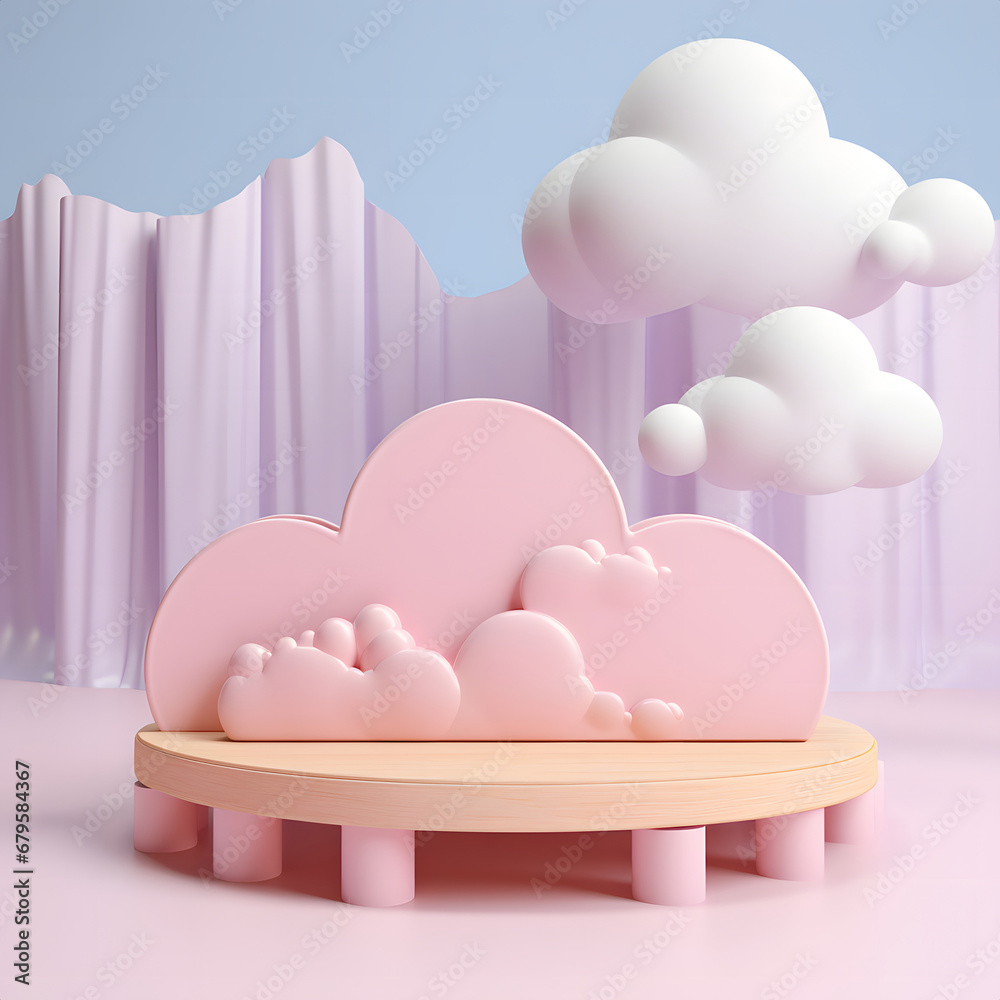 3d illustration of a platform with white and pink clouds with a curtain on the background.