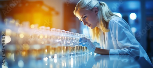 Diverse female research team with clear solution in laboratory, copy space on blurred background