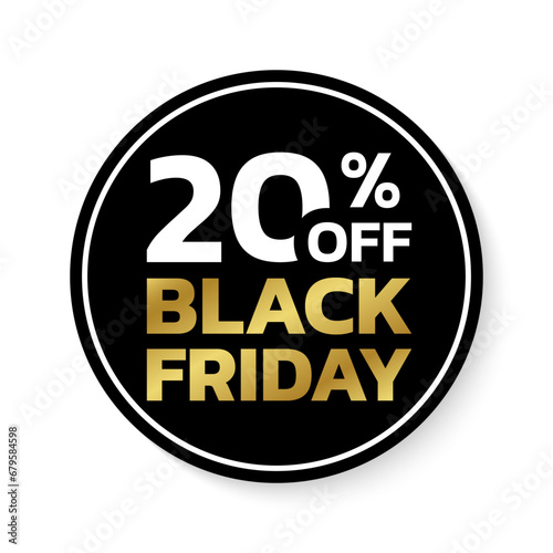 20% off. Black Friday sale sicker, label or badge. Circle discount banner design. 20 percent price off. Vector illustration.