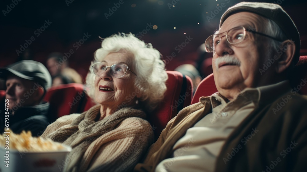 Generative AI image of an elderly couple settling side by side in a movie theater. 