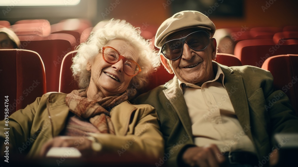 Generative AI image of an elderly couple settling side by side in a movie theater. 