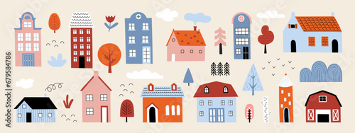 Tiny houses. City elements, town buildings, cute small doodle style drawing village, neighborhood, vintage tree collection. Colorful cottages Scandinavian vector cartoon flat isolated illustration set