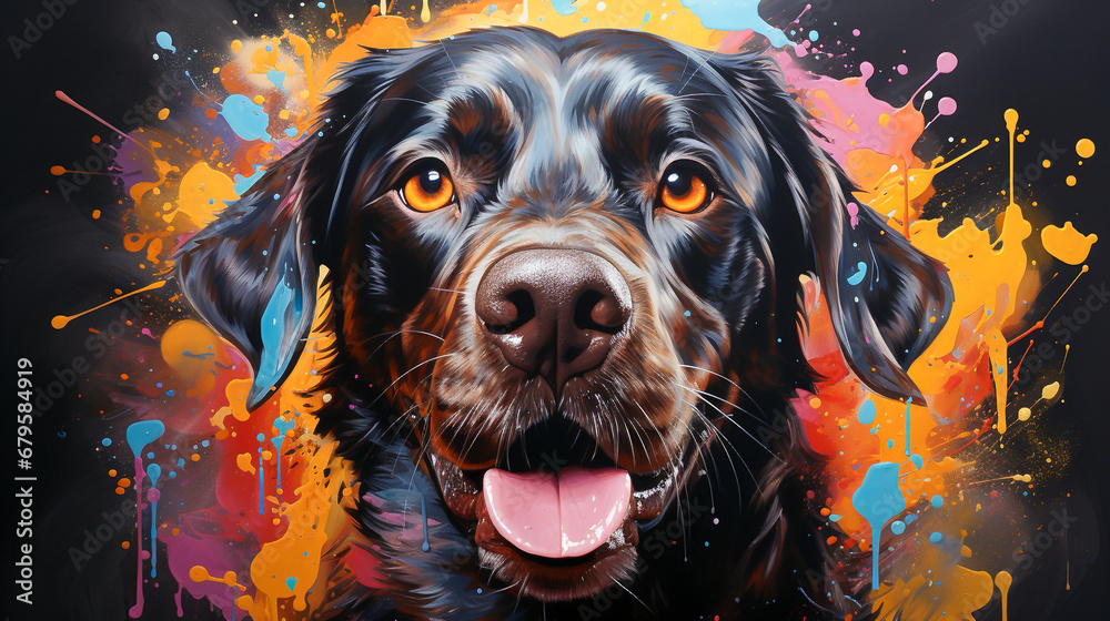 painting of a Labrador dog face with colorful paint splatters