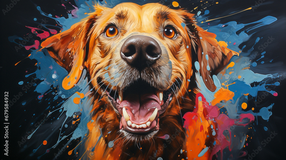 painting of a golden retriever dog face with colorful paint splatters - obrazy, fototapety, plakaty 
