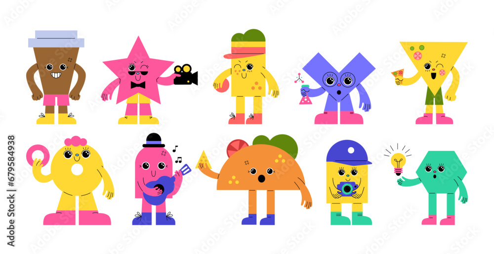 Fototapeta premium Cute character. Simple cartoon expression design, abstract faces of star with camera, triangle with or pizza, coffee cup and sandwich, playing guitar. Geometric childish set. Vector tidy collection