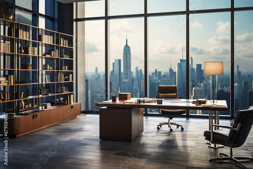 The sanctum of a contemporary attorney exudes efficiency and style, with expansive views of urban life and precisely arranged case documents.