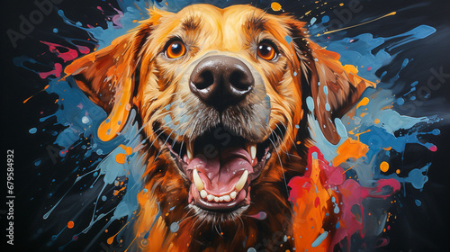 painting of a golden retriever dog face with colorful paint splatters photo
