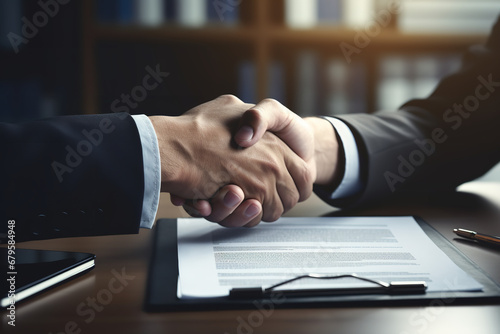 Symbolizing mutual consent and closure, two individuals seal a legal accord with a firm handshake over a freshly signed document. photo