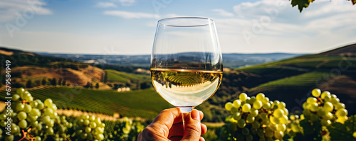Vine glass in hand in sunset light. Vine degustation or tasting quality grapes in vineyard. photo