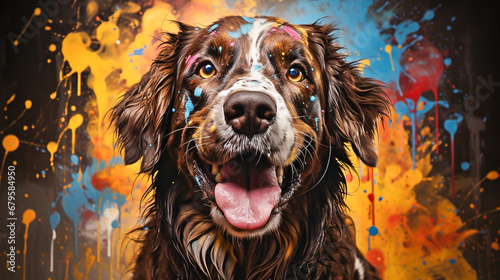 painting of a dog face with colorful paint splatters
