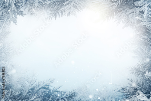 Winter snowy blurred defocused blue background with copy space. Frozen forest. Flakes of snow fall. Festive Christmas and New year background