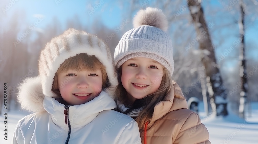 winter, sunny day, park, field, tree, snow, children, cute boy and girl. generative AI
