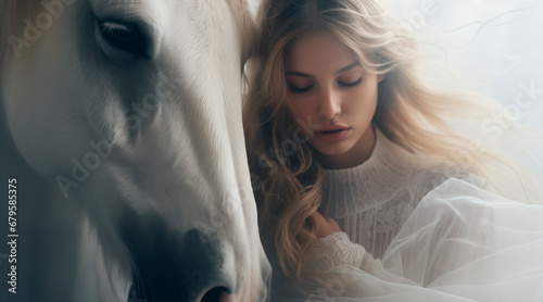 hugging the horse. beautiful young albino loves mares. walk alongside them in a dreamy composition, fog, tenderness