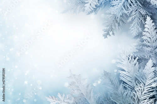 Winter snowy blurred defocused blue background with copy space. Flakes of snow fall. Festive Christmas and New year background © jchizhe