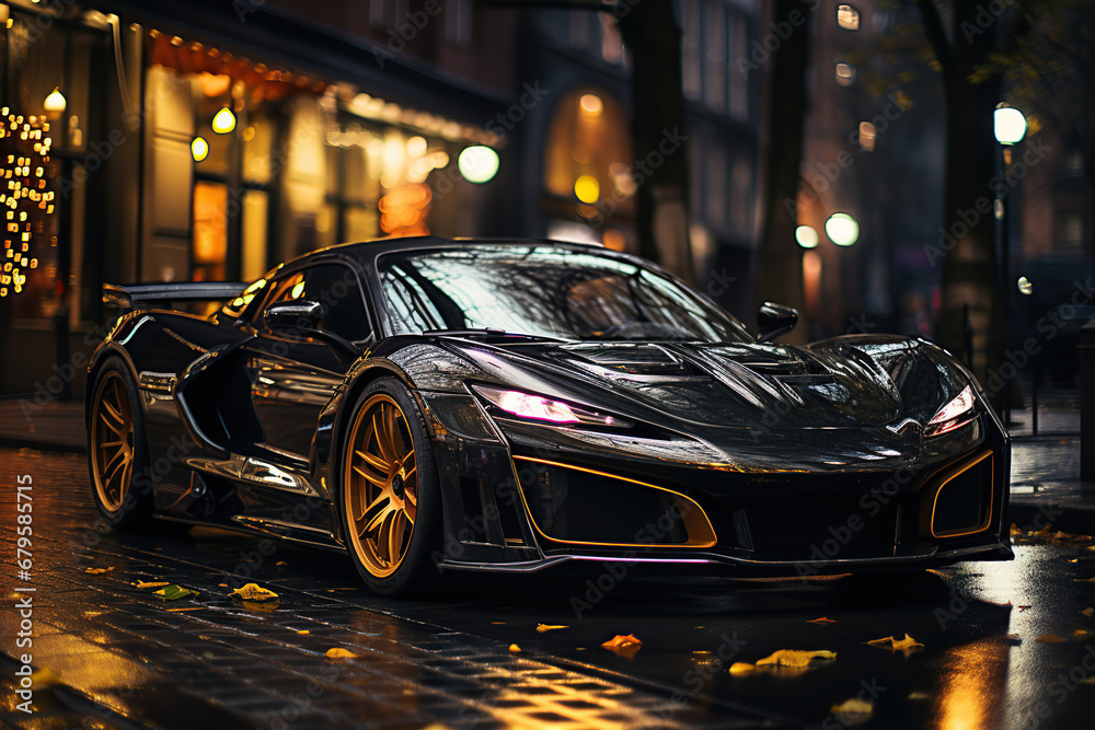 black luxury sports car on the road in city at night