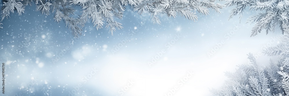 Winter snowy blurred defocused blue background with copy space. Flakes of snow fall. Festive Christmas and New year background