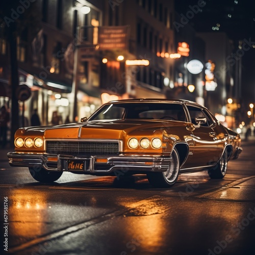 Generative AI image of a classic orange car on a city street © Eitan Baron