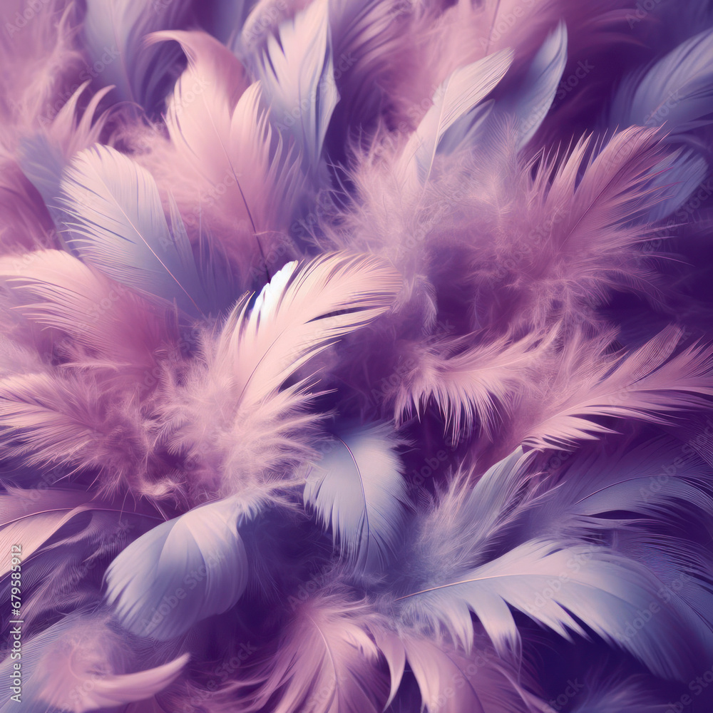 Obraz premium Close up Ultra Violet feathers closeup Abstract pastel purple soft fluffy texture background design. ai generative
