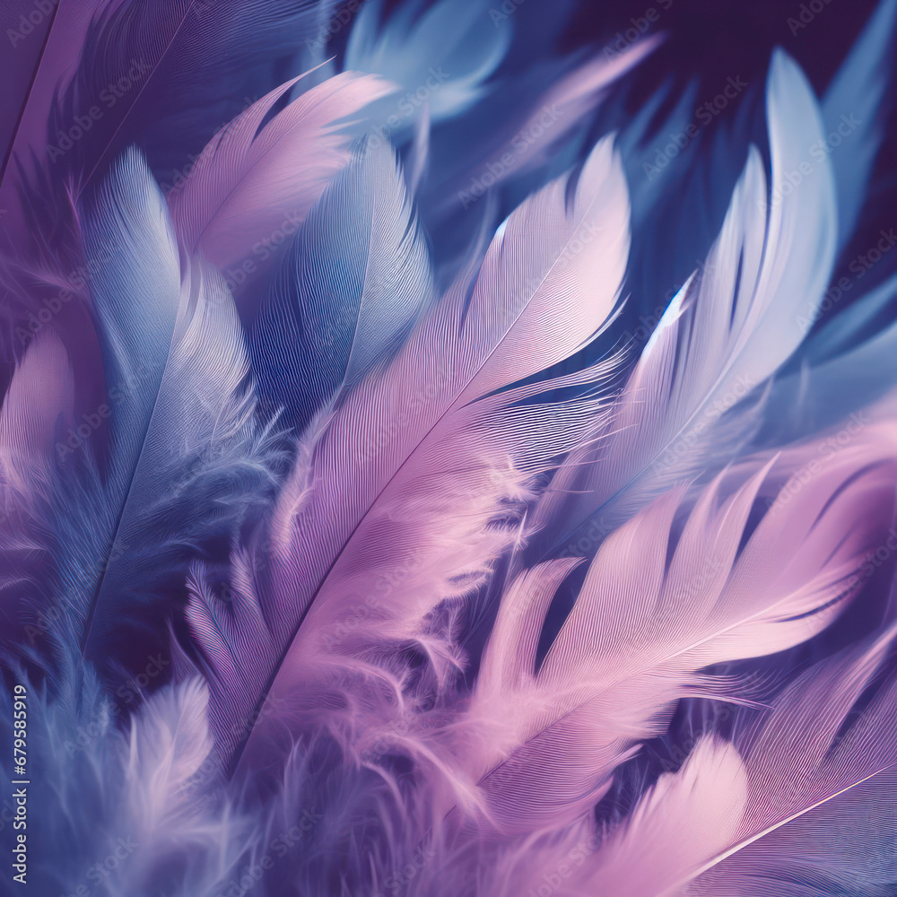 Fototapeta premium Close up Ultra Violet feathers closeup Abstract pastel purple soft fluffy texture background design. ai generative