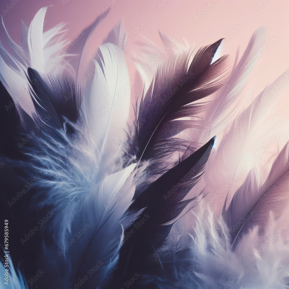 Fototapeta premium Close up white and black feathers closeup Abstract pastel purple soft fluffy texture background design. ai generative