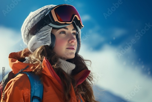 Generative AI image of a Female Traveler. a young female traveler in warm clothes ski helmet and goggles looking away while standing on snowy mountain slope