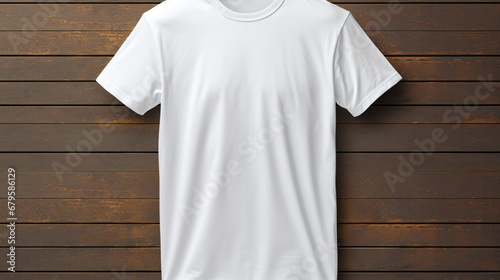 Blank white tshirt mockup on a wooden background, T-shirt Mockup, Blank white tshirt mockup