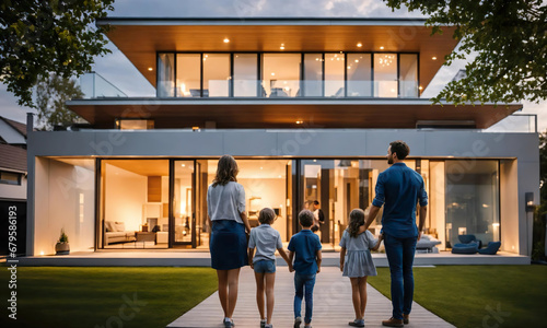 back, rear view of Happy young family with two 3 kids, children 5 five persons standing looking of new illuminated modern futuristic house with young girl. night, evening scene. exterior privat home.