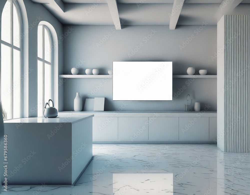 Loft style kitchen with white TV screen on the wall, marble floor, advertising concept, brand. Loft style kitchen with white TV screen on the wall, marble floor, advertising concept, brand.