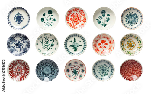 Collection of Plastic Decorative Wall Plates Isolated on Transparent Background PNG.