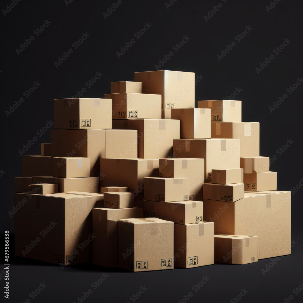Package cardboard boxes stack on solid black background. ai generative