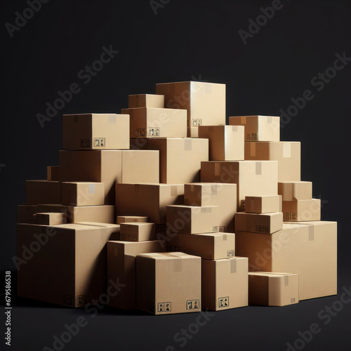 Package cardboard boxes stack on solid black background. ai generative © Igor