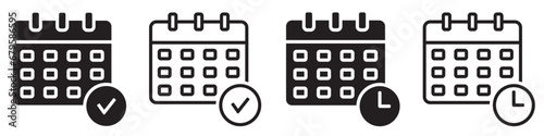 Set of calendar icons. Calendar checked and time. Meeting deadlines symbol, appointment schedule. Agenda timetable signs. Weekly calendar. Vector.