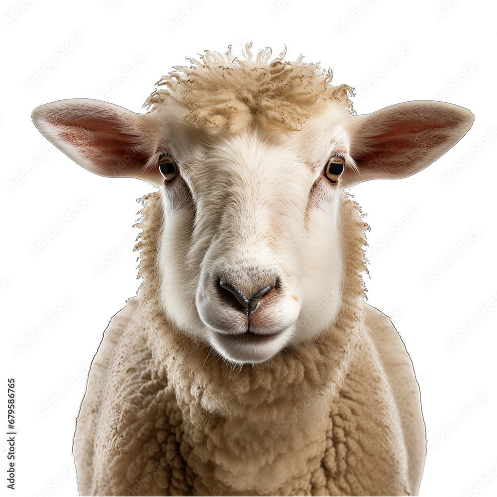 Sheep Face Shot Isolated on Transparent or White Background, PNG