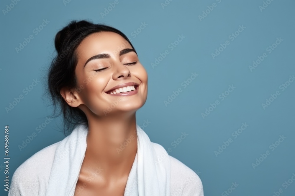 smiling woman enjoying beauty treatment on blue background. AI Generated smiling woman enjoying beauty treatment on blue background. AI Generated