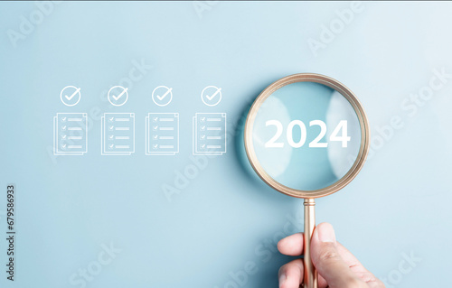 Focus to New year 2024 plan and checklist to countdown merry christmas and happy new year, Planning and challenge strategy in new year 2024 Concept.