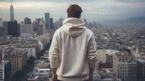 A man wearing white hoodie/upper/shirt with beautiful city background, Blank White hoodie/Shirt mockup, backview
