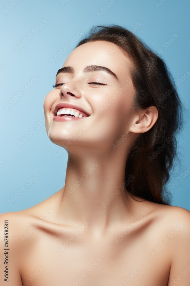 smiling woman enjoying beauty treatment on blue background. AI Generated