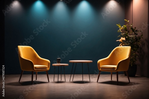 two chairs in podcast interview talk show room copy space background. ai generative