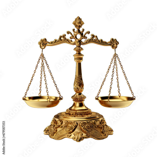 Golden Scales of Justice Isolated on Transparent or White Background, PNG