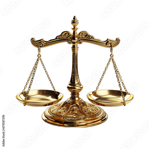 Golden Scales of Justice Isolated on Transparent or White Background, PNG