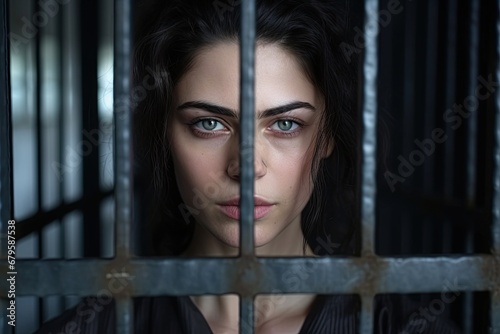 Woman behind bars. Imprisioned girl. Ai Generative photo