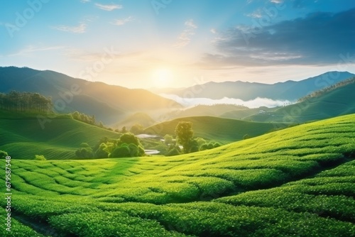 Green tea plantation at sunrise time,nature background. AI Generated © dark_blade