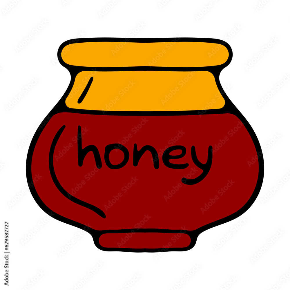 Cartoon honey pots. Glass pots and wooden spoon with dripping liquid honey isolated vector illustration set. Transparent honey jars Cartoon honey pots. Glass pots and wooden spoon with dripping liquid honey isolated vector illustration set. Transparent honey jars