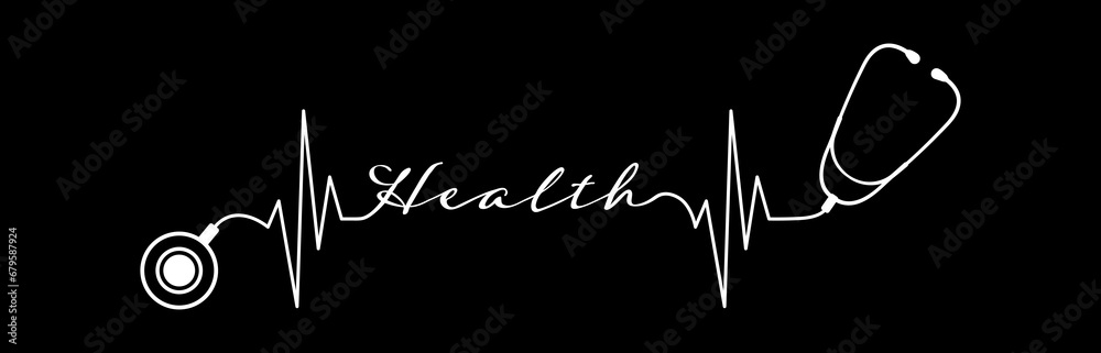 Continous draw stethoscope with health text, ekg line design on black background. Healthcare symbol to use in health industry, cardiology, medical care, hospital, health science projects.